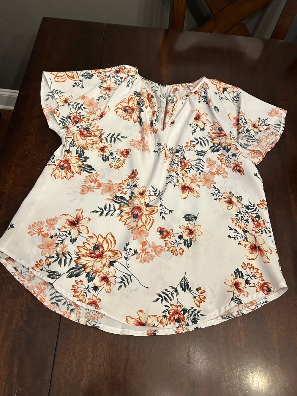 Women’s Floral Keyhole Blouse - White with Orange Floral
